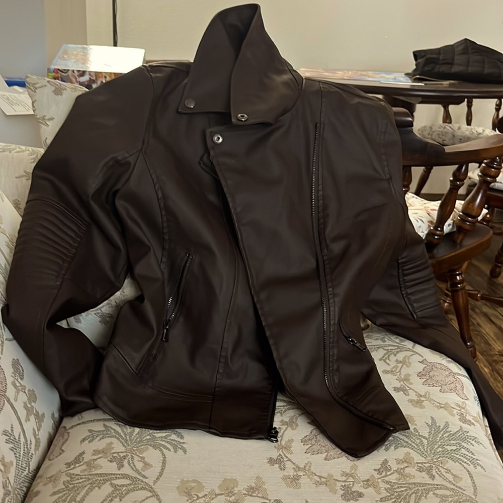 Celebrity pink large brown leather jacket crop fit